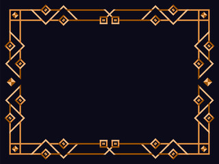 Frame in art deco style in gold color. Vintage linear border. Elegant vintage frame in minimalist style on a black background. Frame design for invitations, flyers and banners. Vector illustration
