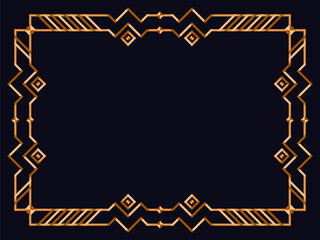 Frame in art deco style in gold color. Vintage linear border. Elegant vintage frame in minimalist style on a black background. Frame design for invitations, flyers and banners. Vector illustration