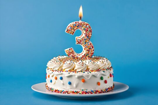 3rd birthday cake with blue frosting, colorful sprinkles, and burning candles, isolated on blue background