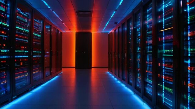 A long, brightly lit hallway with rows of server racks on both sides.