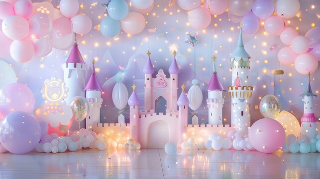 glossy laminate floor and a wall covered in whimsical children's princess party decorations, featuring castles, fairy lights, and pastel-colored balloons