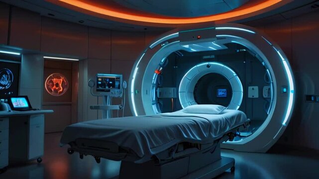 A medical imaging room with a large MRI machine in the center.