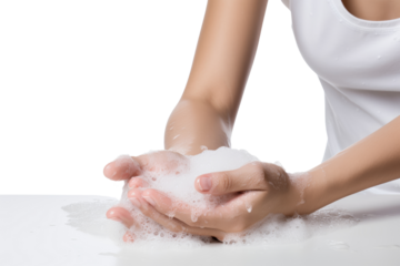Full body image of a woman washing her hands with soap emphasizing hygiene and personal care Isolated on white background