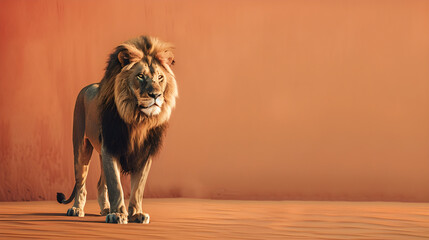 a lion standing against sand color background with copy space. Perfect for nature, wildlife, and safari themes.