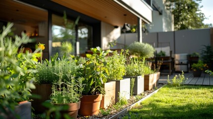 Fototapeta premium Green Urban Oasis: A Backyard Herb Garden in Sunlight