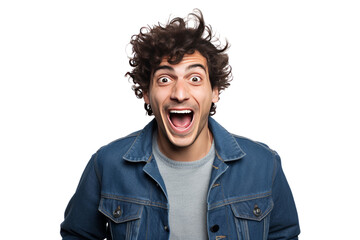 photograph of Young man making funny gestures Fun atmosphere create laughter on a white background telephoto lens realistic daylight