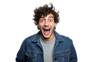 photograph of Young man making funny gestures Fun atmosphere create laughter on a white background telephoto lens realistic daylight