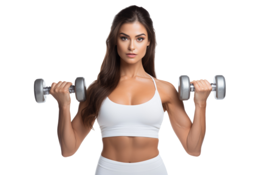 Fit young woman in workout gear lifting a dumbbell, showcasing her toned arms. Isolated on white background
