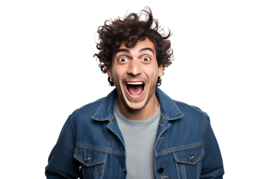 photograph of Young man making funny gestures Fun atmosphere create laughter on a white background telephoto lens realistic daylight