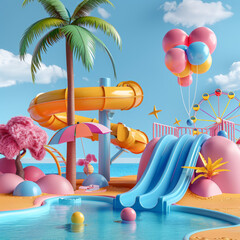 Vibrant waterpark featuring colorful slides, palm trees, and a Ferris wheel, creating a fun and playful atmosphere.
