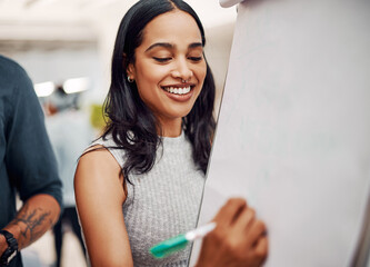 Woman, happy and whiteboard in office for training, teaching and learning for skill or career...