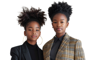 Picture of an African American mother and daughter wearing matching stylish outfits, On a white background isolated
