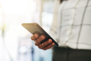 Smartphone, scroll and hands of business woman with online chat, connectivity or project management at digital agency. Phone, networking and consultant on mobile app for research, agenda or schedule