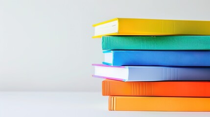 Vibrant Colorful Books Stack on Clean White Background with Soft Natural Light Illumination and Copy Space