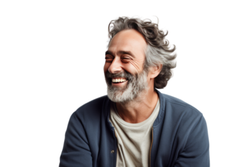 Middle-aged man making jokes Warm, relaxing atmosphere ,Isolated on white background