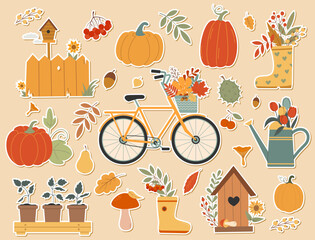 Autumn sticker icons set. Cute autumn scrapbook bundle. Bicycle, pumpkins, leaves, acorns, rowan, boots. Fall season elements perfect for card, poster, invitation