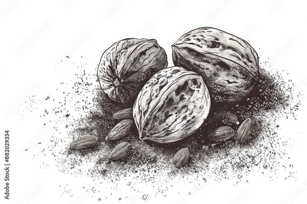Poster a close-up shot of various nuts on a white background, ideal for use in food or nature-themed design