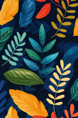 Vibrant illustrated foliage featuring colorful leaves in shades of blue, green, orange, and red on a dark background. Perfect for nature-themed designs.