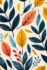 Colorful modern abstract leaves pattern in yellow, blue, and red shades,  background illustration on a light cream backdrop.