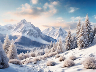 Holiday background featuring winter trees in snow covered mountains Enchanting winter scenery