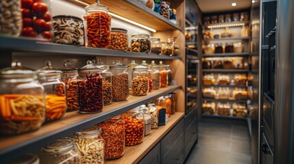 Glass jars are filled with dried foods and displayed on wooden shelves in a pantry, showcasing a practical and aesthetically pleasing approach to food storage