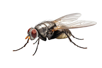 photo of a housefly, isolated on a white background, with its compound eyes, hairy legs, and transparent wings in sharp detail.