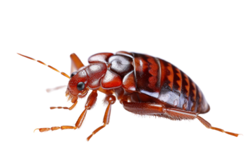 A realistic photo of a bed bug crawling , isolated on a white background, its reddish-brown body and segmented abdomen clearly visible