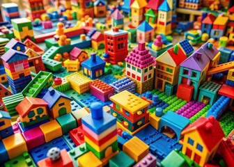 Vibrant, colorful building blocks scattered across a tabletop, forming a fantastical landscape, evoking a sense of childhood wonder and creativity, with intricate structures and joyful chaos.