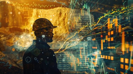 Fototapeta premium Silhouetted Construction Worker Analyzing Data