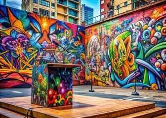 Naklejka premium Vibrant graffiti-splashed podium stands against a kaleidoscopic urban backdrop of street art murals, exuding a rebellious and creative energy in a gritty city setting.