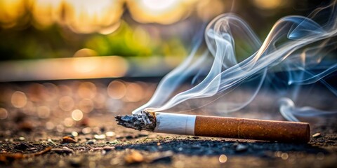 Discarded Cigarette and Smoke Close-Up at Ground Level with Artistic Bokeh Background