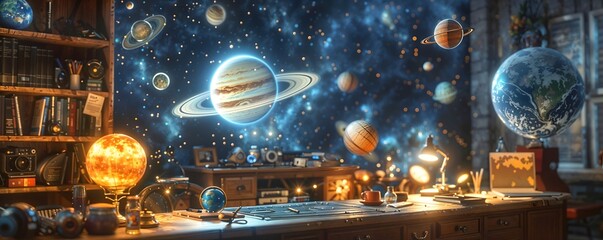 Cosmic Study Room banner with Floating Planets and Astronomical Decor