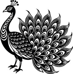 Monochrome peacock. Animal bird vector illustration, peafowl art design
