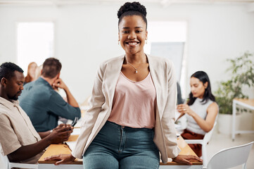 Employee, black woman and happy in office for meeting with brainstorming or strategy for project. Female person, people and smile on portrait in boardroom for teamwork, collaboration and proud
