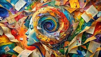 Vibrant abstract collage of swirling shapes, torn papers, and scribbled notes, capturing the turbulent human mind's labyrinth of thoughts, emotions, and inner conflicts.