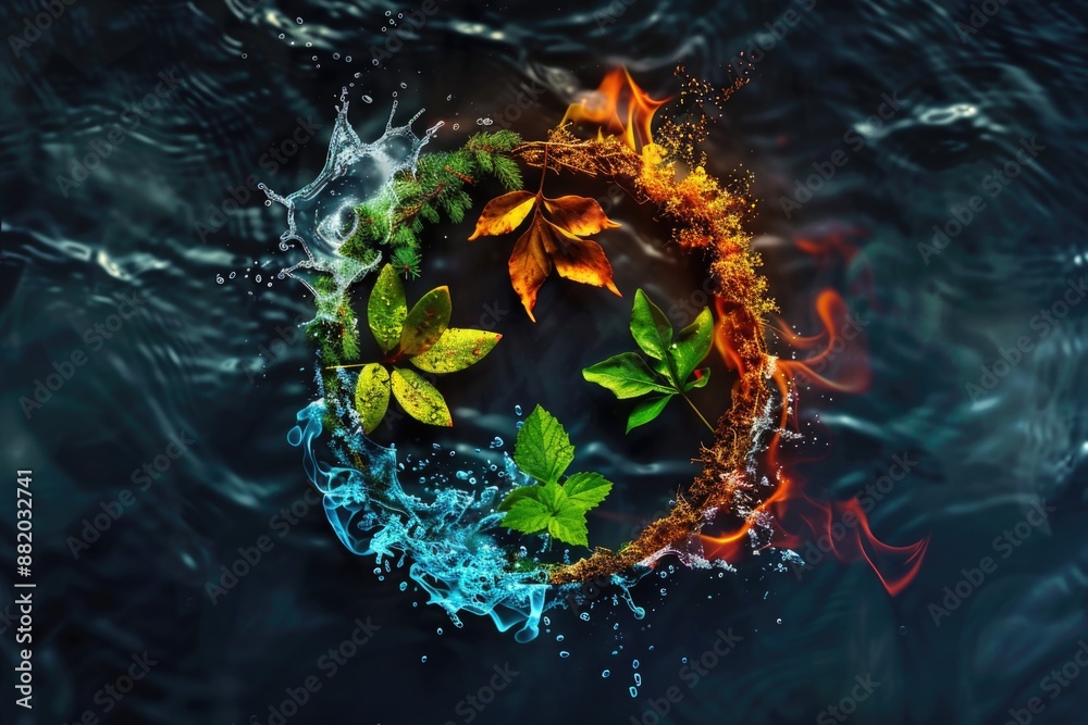 Poster A close-up view of a circle of leaves floating on the surface of calm water