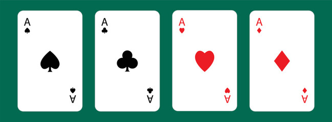 Four aces icon. Playing card set. Poker cards suits. Hearts, clubs, diamonds, spades ace. Winning poker hand. Las Vegas Casino gambling concept. Simple flat design. Green table background. Vector