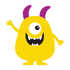 Yellow monster standing. Happy Halloween. Cute monsters silhouette icon. One eye, fangs , violet horns. Cartoon kawaii funny character. Childish style. Flat design. Isolated. White background. Vector