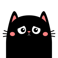 Cat face silhouette. Sad eyes, little pink nose, ears. Cute cartoon pet character. Black peeking kitten head. Kawaii funny animal. Greeting card. Sticker print. Flat design. White background. Vector