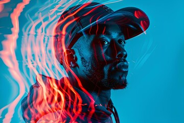 Abstract fashion portrait of an African American man in a neon hoodie and baseball cap, double exposure with a motion blur effect. Conceptual digital art design for youth culture, streetwear style pho