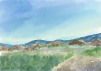 山の見える穏やかな風景画