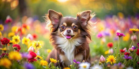 Adorable long-haired chocolate Chihuahua dog frolics in a vibrant flower field, surrounded by blooming colors, its tiny paws and cute face a delightful sight.
