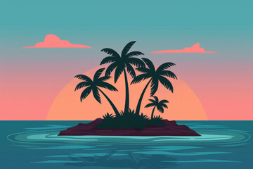 Beautiful sunset view from a tropical island with palm trees silhouetted against a colorful sky and calm ocean waters.