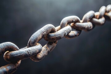 Chain of people holding onto each others waists led by a prominent leader set in an inspiring environment that emphasizes cooperation and leadership