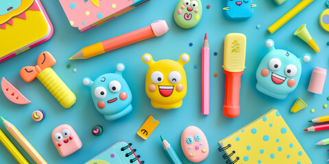 Colorful, smiling stationery items including pencils, erasers, and notepad with faces