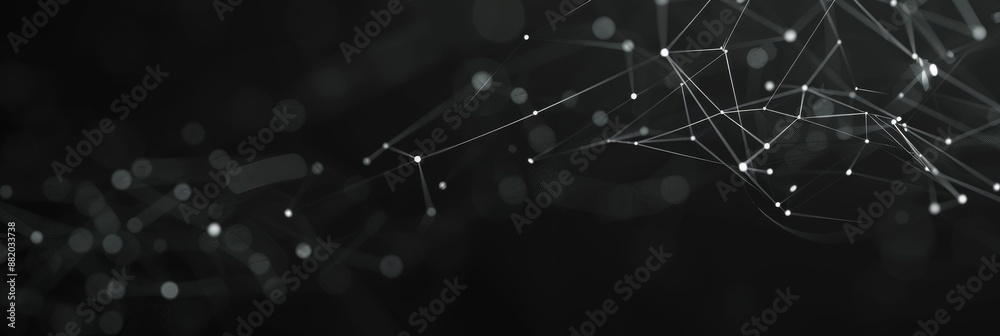 Poster abstract digital visualization of interconnected nodes in a dark space, representing technology and 
