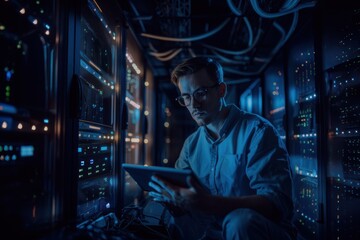 An IT technician inspects servers and cables in a data center.