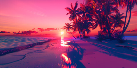 Digital sunset over virtual beach with neon-colored palm tree shadows