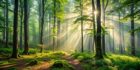 Obraz premium Serene forest atmosphere with dappled sunlight, lush greenery, and misty fog, evoking sense of calmness, connection, and tranquil bonding between generations.