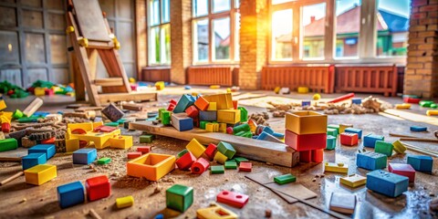 Obraz premium Colorful toy blocks scattered on a living room floor, abandoned constructions and building tools surrounded by a faint impression of a fun-filled afternoon.